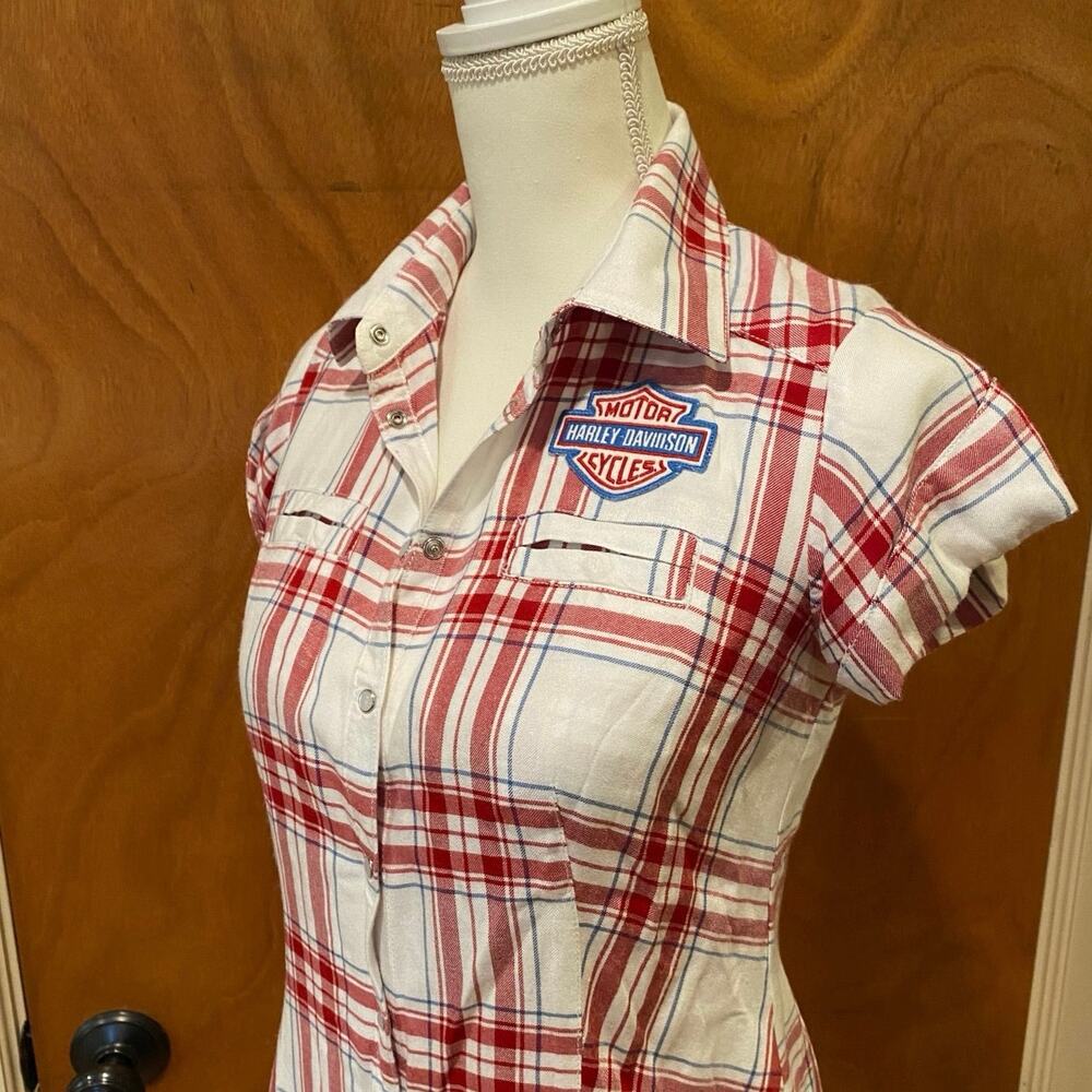 Harley-Davidson Short Sleeve Button Down, Summer  Shirt, Wmn’s Small, white/red